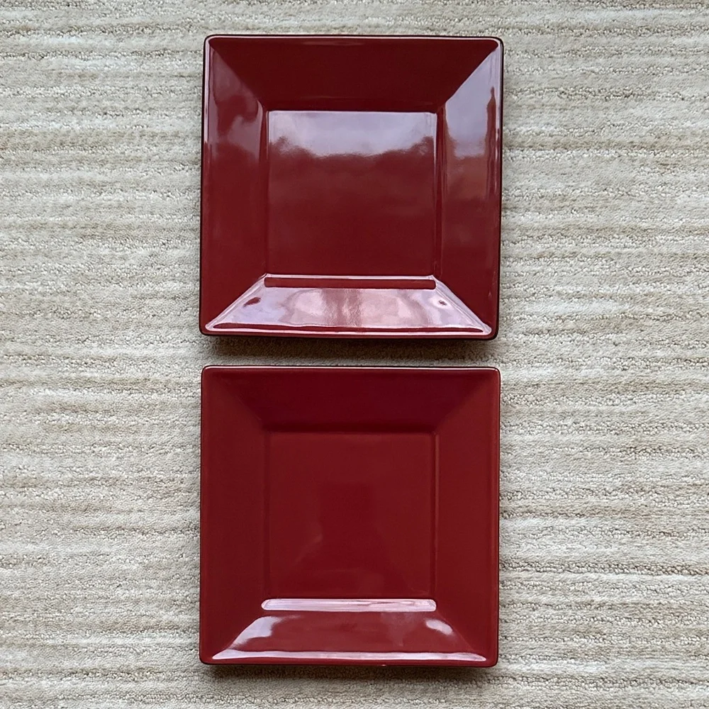 Set of 2 POTTERY BARN CHINA Salad Appetizer Plates Asian Square Paprika (Red) 8”